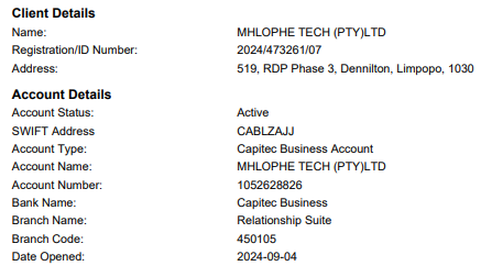 MHlophe Tech Capitec Account